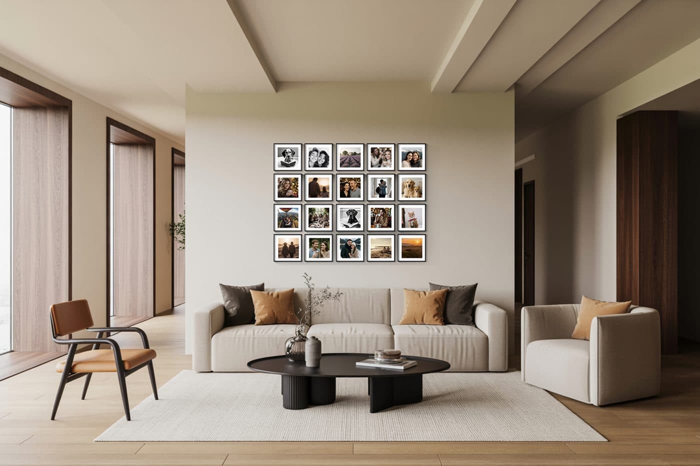 Styled photo wall in a living room