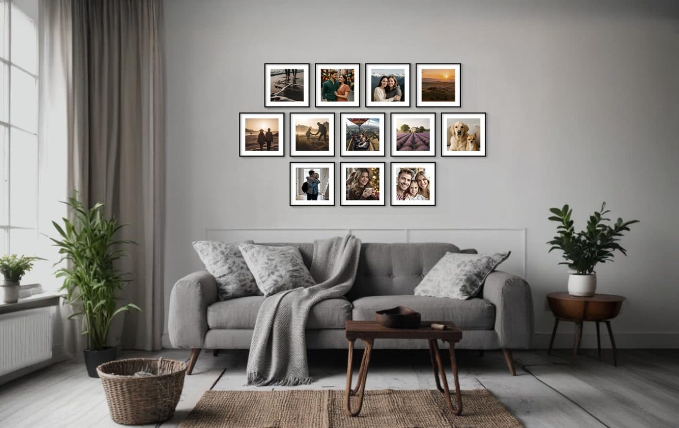 Home photo wall with stick-on prints